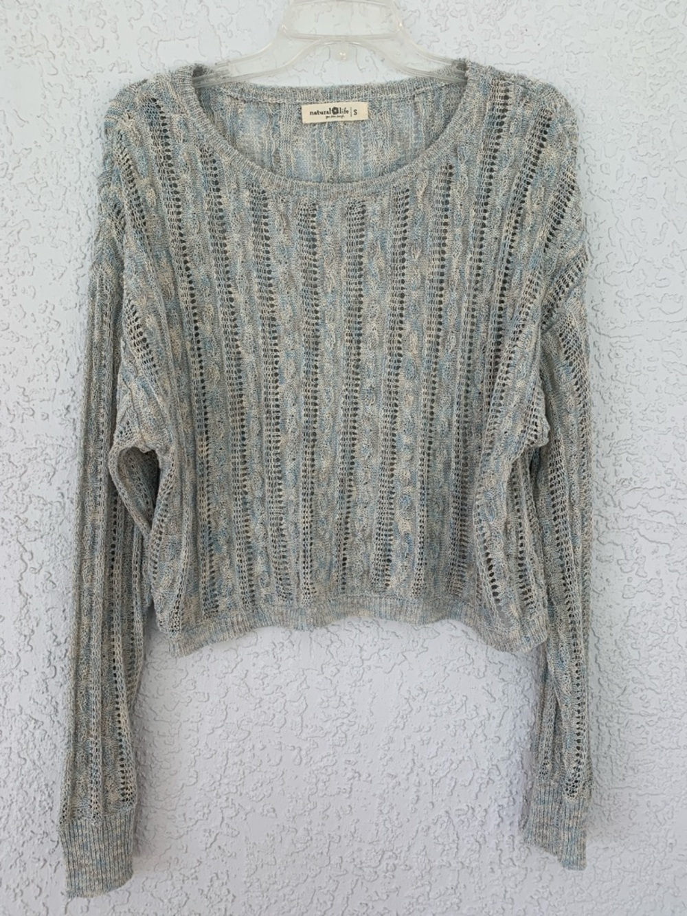 NATURAL LIFE Open-Knit Crewneck Sweater in Heather Gray & Light Blue size S
